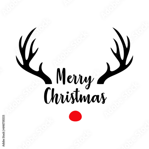 Tiempo de Navidad. Logo con palabras en texto manuscrito Merry Christmas con nariz y astas de reno Rudolph para su uso en invitaciones y felicitaciones