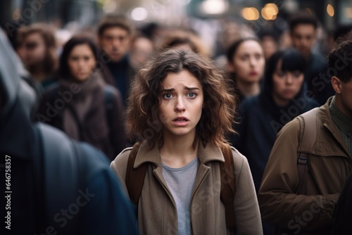 Panic attack in public place. Woman having panic disorder in city. Psychology, solitude, fear or mental health problems concept. Depressed sad person surrounded by people walking in busy street.