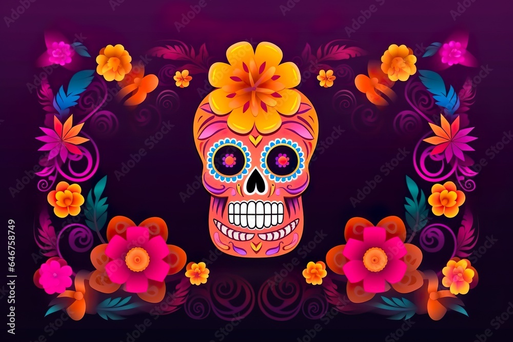 Day of the dead Background frame composition with skull and flowers Dia de los muertos celebration illustration Day of the dead Background frame composition with skull and flowers Dia de los muertos celebration illustration