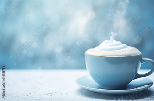 the traditional latte cup coffee is topped with powder and cream, in the style of light sky-blue