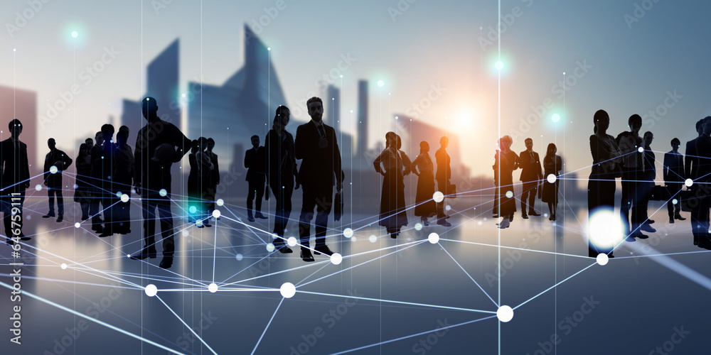 Group of multinational people standing in front of futuristic city and communication network concept. Wide angle visual for banners or advertisements.