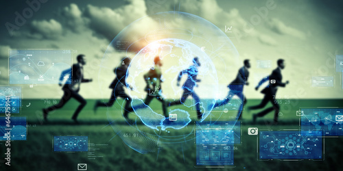 Group of people running in green field and global communication network concept. Wide angle visual for banners or advertisements. © metamorworks
