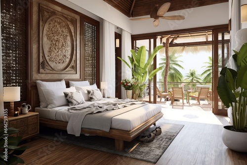 Cozy southern tropical interior of spacious bedroom: king size bed, wooden bamboo furniture and headboard, beige colored rattan details and off-white bedsheets, many green plants decorating the space