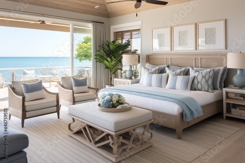 Cozy southern Mediterranean interior of a spacious bedroom with ocean view: wooden furniture and headboard, beige colored details and off-white bedsheets and pillows, blue textiles decorating space © Romana
