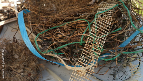 Contaminated bird nests with garbage produced from households.