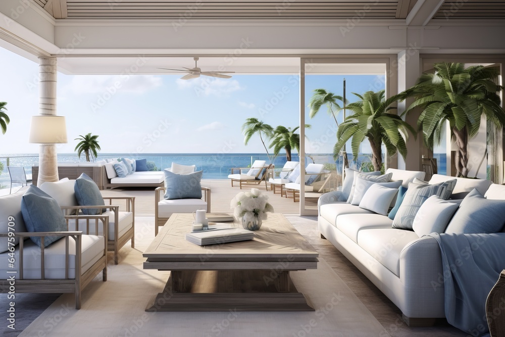 Fototapeta premium Cozy southern Mediterranean interior of a spacious living-room with ocean view: wooden furniture, beige colored details and off-white pillows, blue textiles decorating space