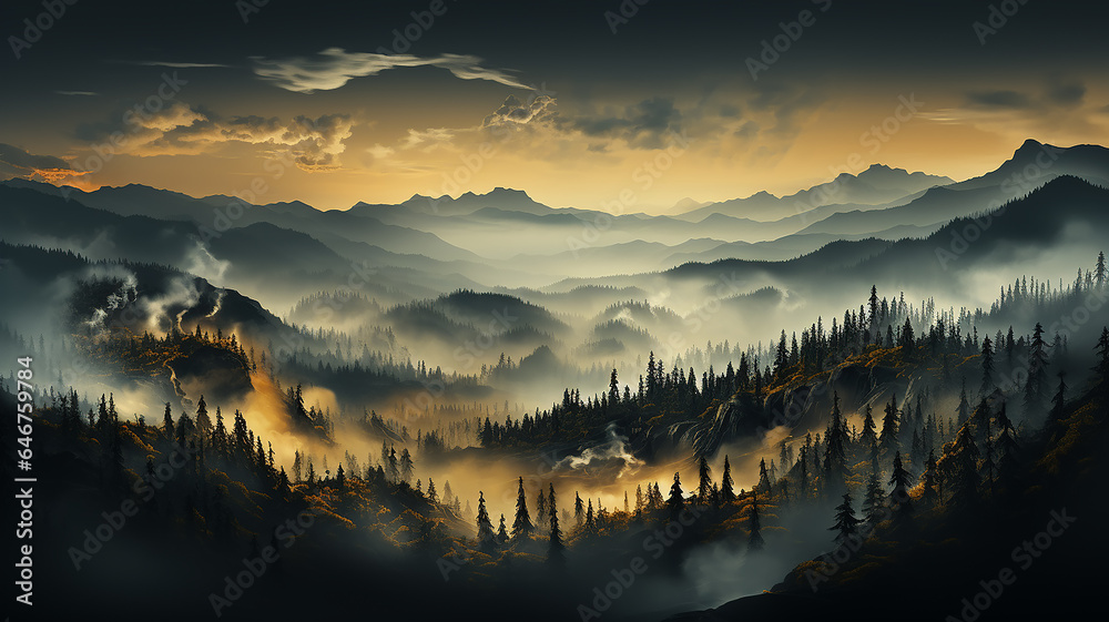 Fototapeta premium nature landscape drone view, autumn forest mountains and stream misty evening sunset