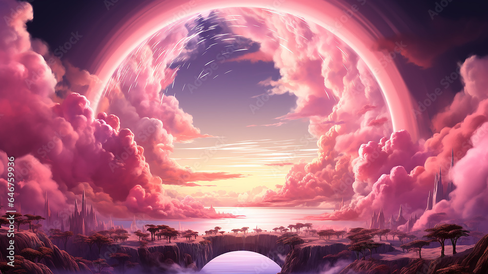 round frame arch among pink clouds, banner watercolor soft colors softpastel, heavenly paradise atmosphere