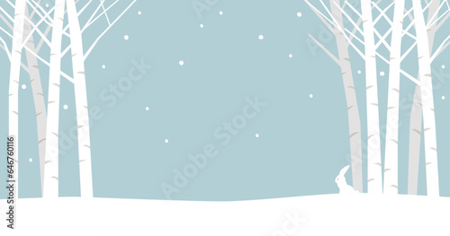 雪降る白樺の森とウサギの背景