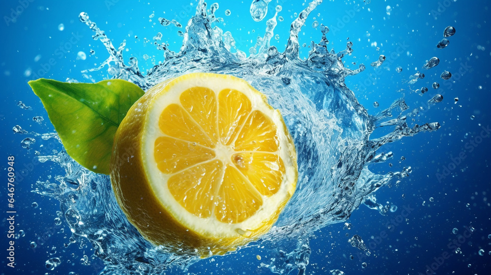 Fresh lemon falling into water with splash on blue background. Cut lemon falling into water with splashes on blue background, close up. Citrus fruit with water splash. Healthy food. AI generated Fresh lemon falling into water with splash on blue background. Cut lemon falling into water with splashes on blue background, close up. Citrus fruit with water splash. Healthy food. AI generated