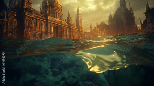 An art composition of a flooded old European city in dark tones. Art Picture of the old buildings after floods. Fantasy image of a gothic cathedral on the water.. AI generated