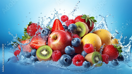 Fresh berries and fruits falling into water with splash on blue background. Falling strawberries  raspberries  blueberries lemon in water splashes. Fresh fruits with water splash. AI generated