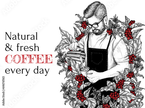 Vector banner template of a barista brewing coffee on a coffee tree background in engraving style
