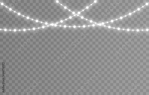 Vector Christmas lights. Christmas garland PNG. Christmas lights PNG. Christmas decoration, LED lamps. Garland with white lights.