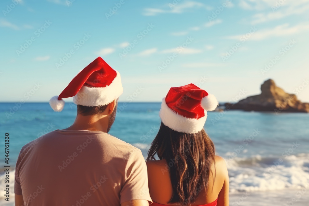 Obraz premium a pair of lovers with their backs to the camera in Santa hats on the seashore or ocean in the tropics celebrates Christmas or New Year. Vacations and travel during the holidays