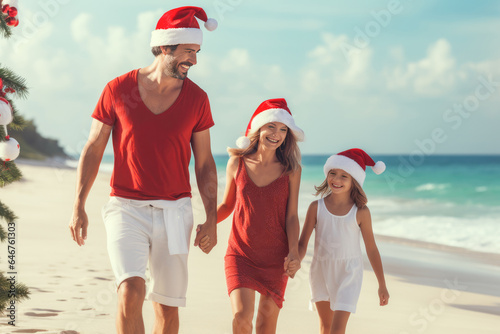 Happy family in Santa hats walking on the seashore or ocean in the tropics celebrating Christmas or New Year. Vacations and travel during the holidays