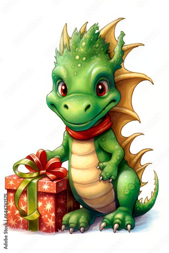 Fototapeta premium Cute cartoon dragon in a Christmas hat and gifts. New Year and Christmas concept. Packaging design, postcard.