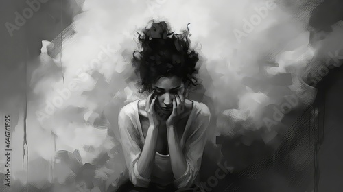 black and white painting of lonely woman feeling burned out, depression and anxiety with negative emotion, generative AI