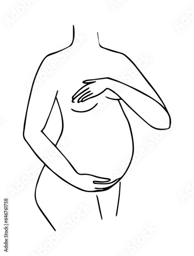 Minimalist sketch of pregnancy, mom with tummy side view. Aesthetic vector illustration.