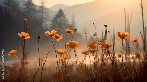 wild flowers, landscape in the mountains autumn fog on the field in the morning