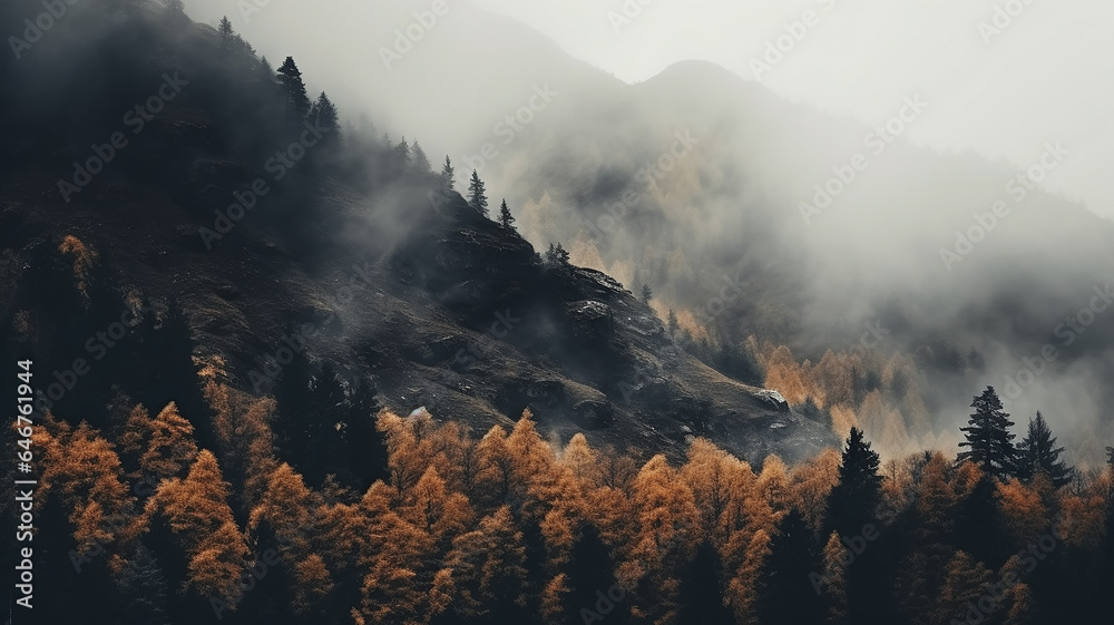 yellow misty autumn forest in the mountain landscape of October wildlife