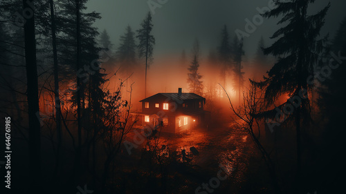 night landscape, mysterious lonely house in misty autumn mountains, thriller, horror, fairy tale © kichigin19
