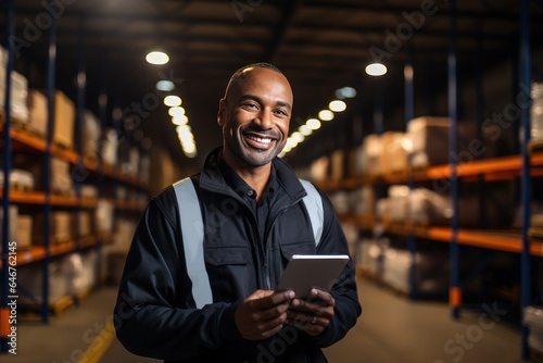 Happy Employees in uniform Use a tablet to work in the warehouse