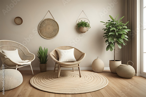 Empty wall mockup in warm neutral beige room interior with wicker armchair, ethnic pillow, round jute rug, boho style decoration and free space. Illustration, 3d rendering photo
