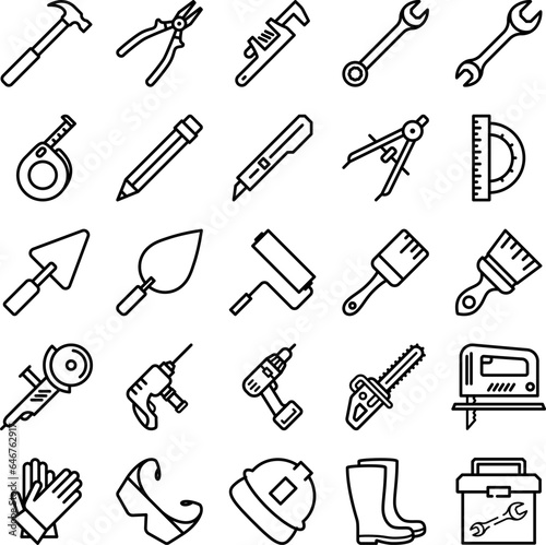 Set of construction tool line icons as an editable stroke for web design