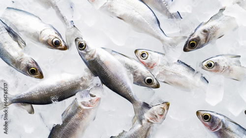 Fresh Horse Mackerel, trachurus on Ice. Seafood background. Generative AI