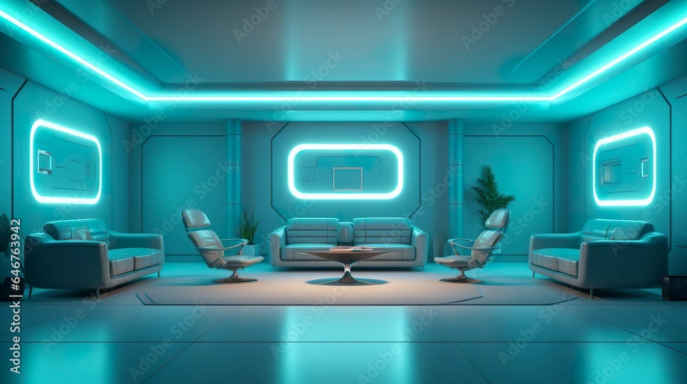 Empty Wall in a Futuristic Sci Fi Living Room with Light Yellow, Light Cyan, and Light Blue Neon.