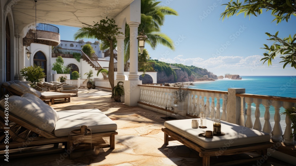 Fototapeta premium Outdoor beach villa balcony deck, with natural beach views