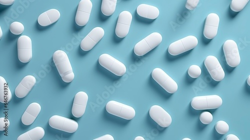 Top view white medicine tablets antibiotic pills on a soft blue background, copy space, Pharmacy theme.