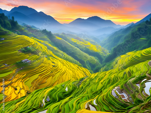 Beautiful rice terraces. Surrounded by mountains and sunset. 