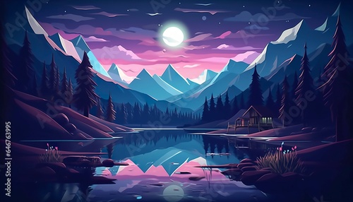 Moonlight mountain scene, house beside a lake. photo