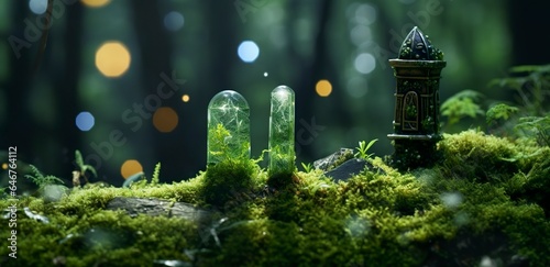 Crystals with moon phases image of moss in a mysterious forest, natural background.