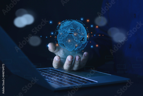 Businessman showing progress, data, business plan, software, work chart, smart technology office Technology developer time report Leading the way in designing intelligent, critical computing leaders.	