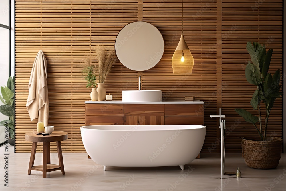 Interior of stylish bathroom with wooden cabinet, sink, bathtub, and mirror. - obrazy, fototapety, plakaty 
