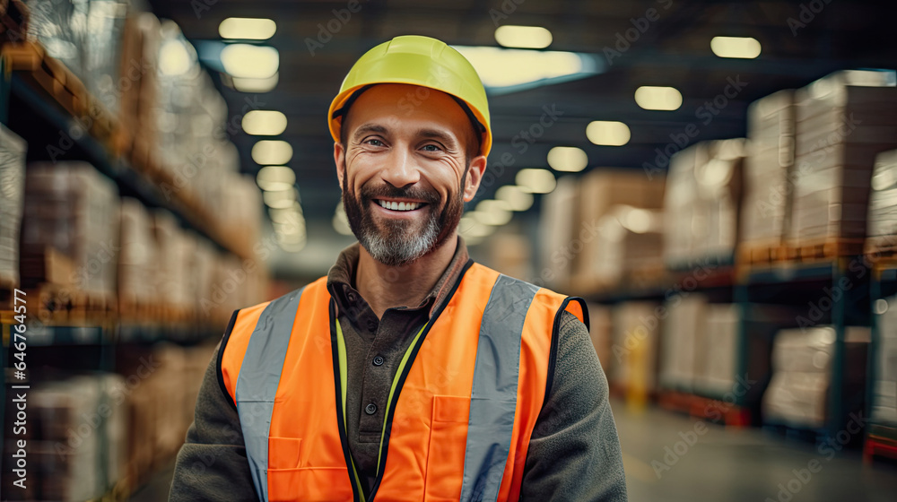 Portrait of Happy worker driver in the department store. large warehouse. Generative Ai Portrait of Happy worker driver in the department store. large warehouse. Generative Ai