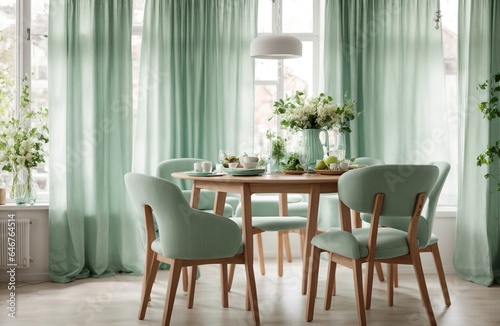 At a round wooden dining table in front of a window with light green and white drapes  there are two chairs in a mint color. Modern dining room    interior design