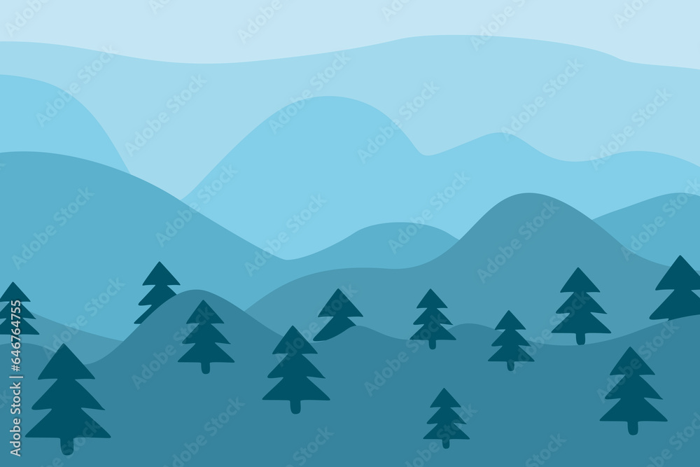Fototapeta premium Christmas Season background. Holiday Fairy tale winter landscape. There are fir trees on a blue background. Winter Flat Vector illustration for Banner, Poster, Postcard, Card.