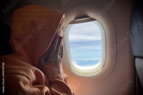 Obraz na płótnie Portrait of scared young woman in airplane