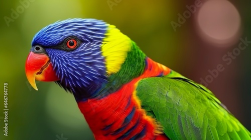 Side view Closeup of beautiful and colorful Lorikeet Green naped bird.