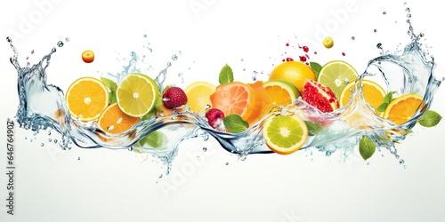 Swirl water splash with fruits. liquid flow with ice cubes and a mix of fresh fruits. © AbGoni