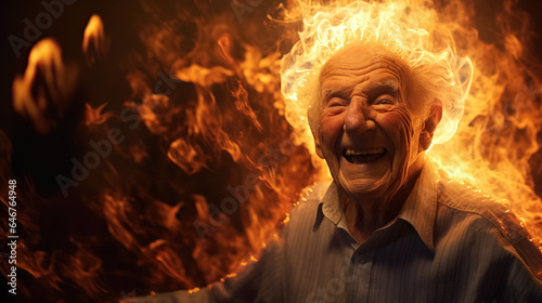 An elderly man laughs heartily as flames burst from his head.