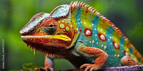 A colorful close up chameleon with a high crest on its head. © AbGoni