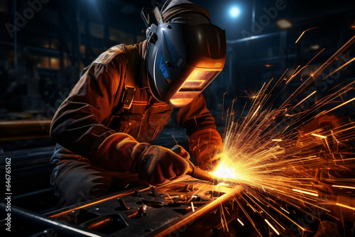 Welder in protective mask welds metal at the factory. Metalwork and construction concept. © Jioo7