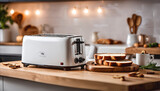 A white toaster containing freshly toasted bread against the backdrop of a luxurious kitchen  style