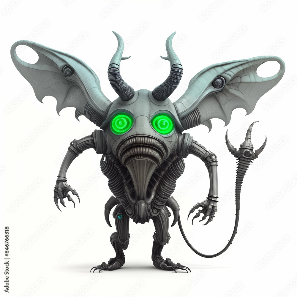 Obraz premium Biomechanical Monster with horns and wings. Isolated on white background. Generative AI.