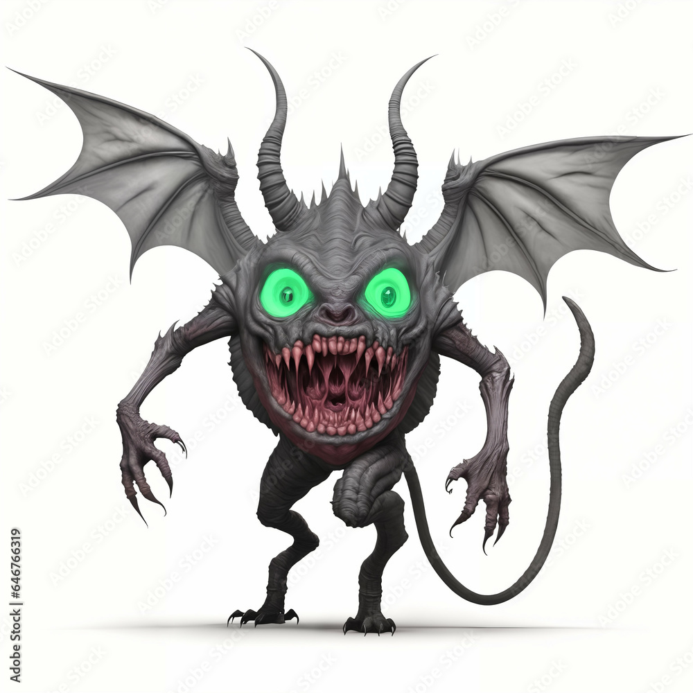Fototapeta premium Monstrous demon with horns and wings. Isolated on white background. Generative AI.